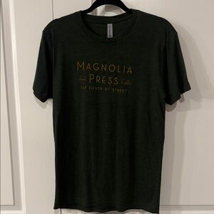 NWT Magnolia coffee Dark Green Tee with Gold Text size S